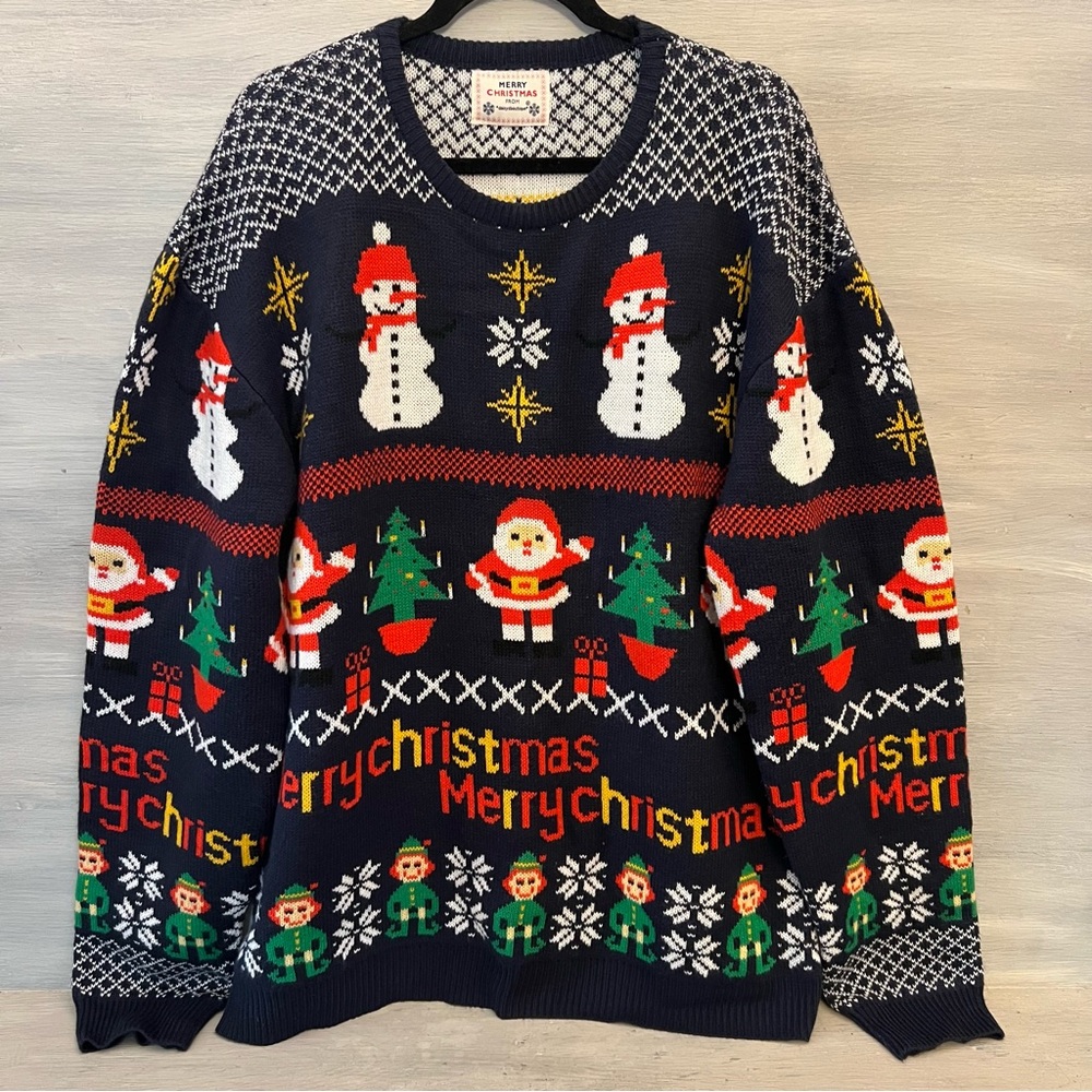 Daisys Boutique UNISEX Merry Christmas Navy Pullover Crewneck Sweater GC‎
